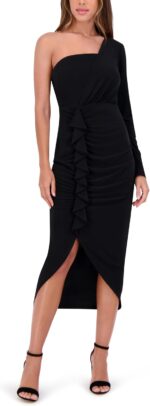 Siena womens one shoulder long sleeve ruffle ruched midi dress.jpg