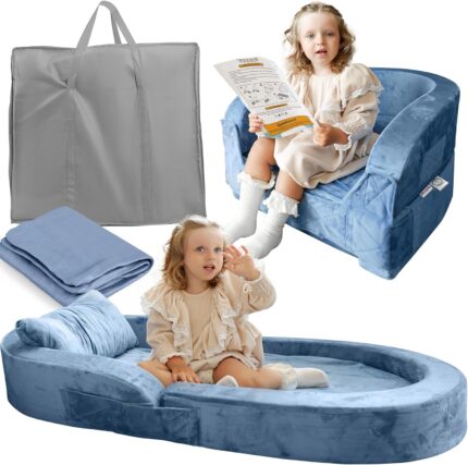 Sleepah toddler travel bed chair – foam raised safety bumpers 55 x 26 x 8 – foldable portable cot for children 18m – 6yr old fold out sofa couch lounger with sheet pillow case blue.jpg
