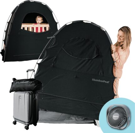 Slumberpod with fan the original blackout sleep tent travel essential for baby and toddlers mini crib and pack n play cover sleep pod with monitor pouch and fan pouch blocks 95 light black.jpg