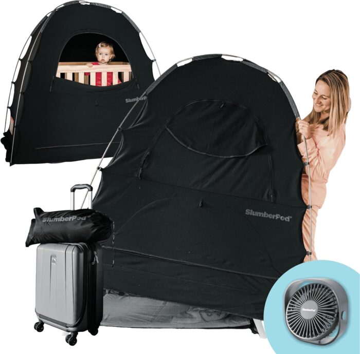 Slumberpod with fan the original blackout sleep tent travel essential for baby and toddlers mini crib and pack n play cover sleep pod with monitor pouch and fan pouch blocks 95 light black.jpg