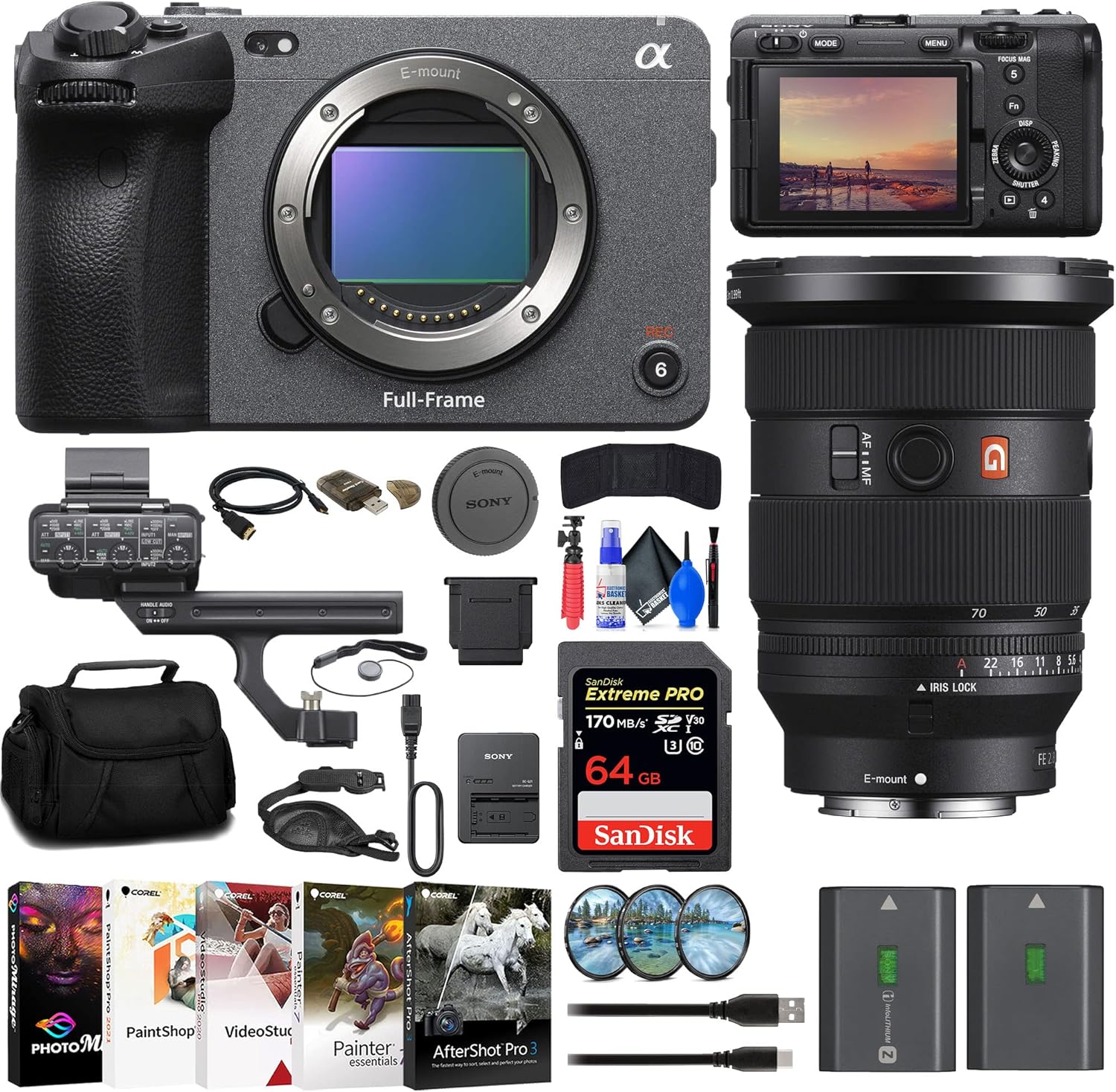 Sony fx3 full frame cinema camera ilme fx3 fe 24 70mm lens 64gb card filter kit bag np fz100 compatible battery card reader corel photo software flex tripod more renewed.jpg
