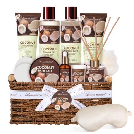 Spa gift baskets for women coconut bath gift set for women include bubble bath shower steamers bath salt. bath and body spa kit mom birthday gifts from daughter birthday gift basket for mom.jpg