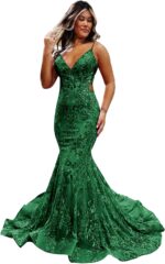 Spaghetti straps sequin prom dresses mermaid long ball gown v neck applique sparkly formal evening dress.jpg