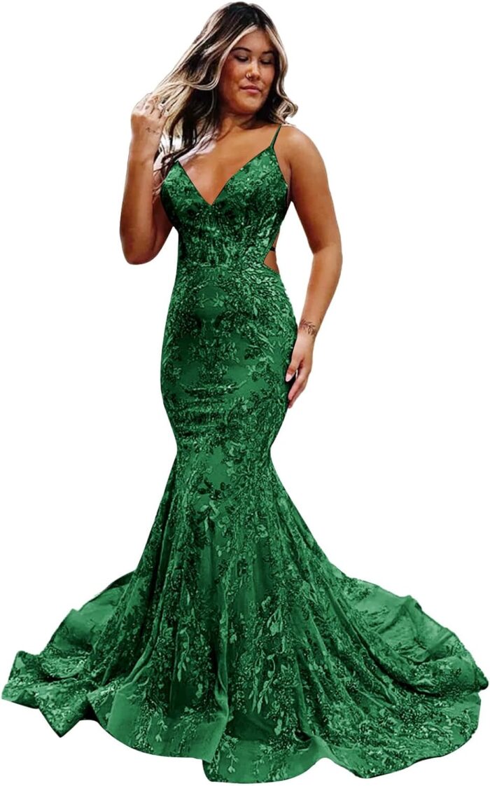 Spaghetti straps sequin prom dresses mermaid long ball gown v neck applique sparkly formal evening dress.jpg