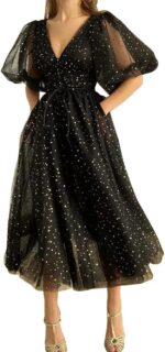 Sparkle starry tulle prom dresses puffy sleeve evening gowns slit formal party dress with pockets tea length.jpg