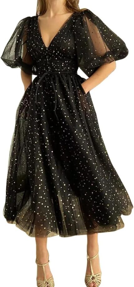 Sparkle starry tulle prom dresses puffy sleeve evening gowns slit formal party dress with pockets tea length.jpg