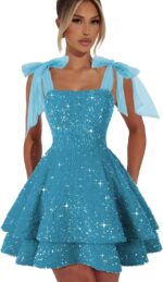 Sparkly sequin homecoming dresses for teens with bow spaghetti strap short prom dresses princess cocktail party gown.jpg