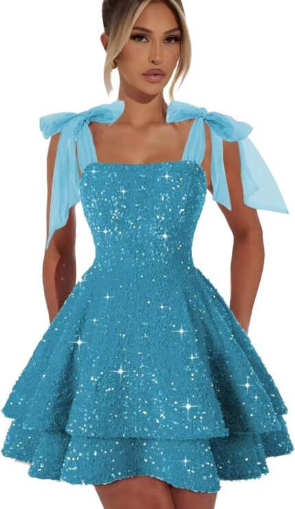 Sparkly sequin homecoming dresses for teens with bow spaghetti strap short prom dresses princess cocktail party gown.jpg