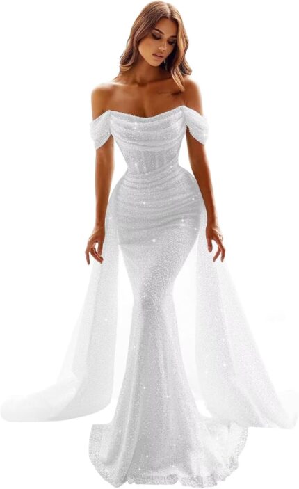 Sparkly sequins mermaid prom dresses for women 2025 off shoulder long formal evening dress detachable train.jpg