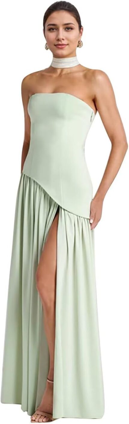 Strapless satin prom dresses long ruched a line prom evening dresses with slit corset formal party gown y p1029.jpg