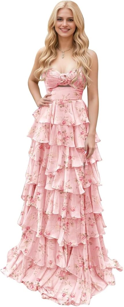 Strapless tiered chiffon prom dress for women 3d flower keyhole long formal evening dresses with slit.jpg