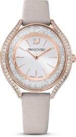 Swarovski crystalline aura watch taupe leather strap rose gold tone finish clear crystals swiss made part of the crystalline watch collection.jpg