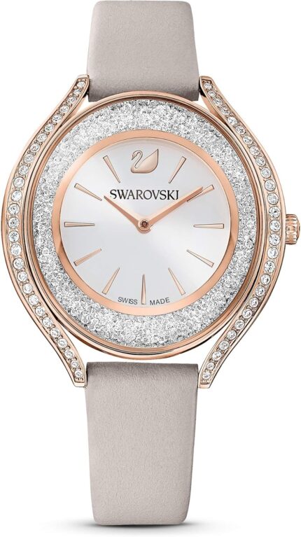 Swarovski crystalline aura watch taupe leather strap rose gold tone finish clear crystals swiss made part of the crystalline watch collection.jpg