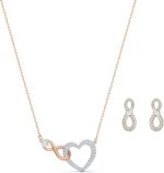 Swarovski infinity necklace and stud pierced earrings set with clear crystal pave and mixed metal plated finish in infinity and heart design.jpg