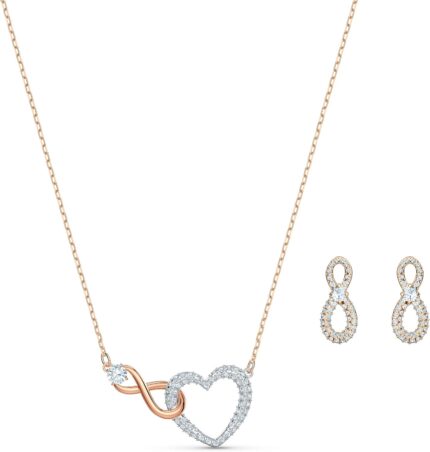 Swarovski infinity necklace and stud pierced earrings set with clear crystal pave and mixed metal plated finish in infinity and heart design.jpg