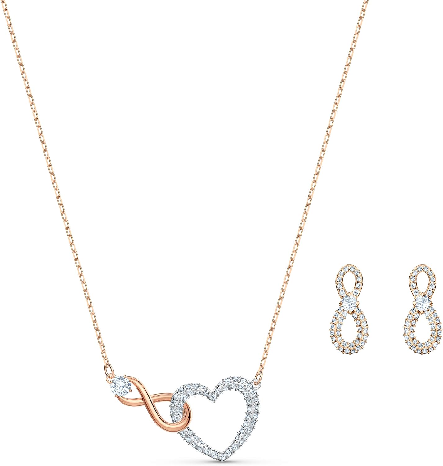 Swarovski infinity necklace and stud pierced earrings set with clear crystal pave and mixed metal plated finish in infinity and heart design.jpg