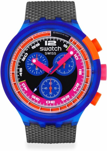 Swatch unisex casual watch blue bio sourced quartz neon party to the max.jpg