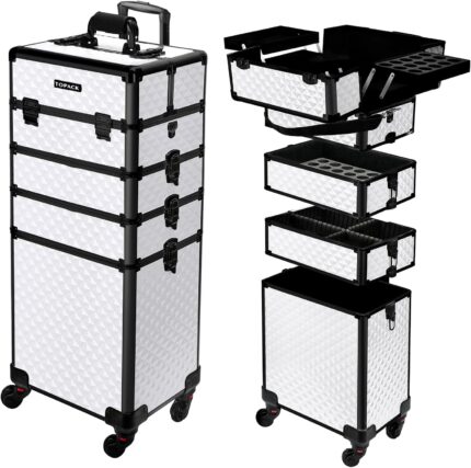 Topack professional 5 in 1 rolling makeup train case large makeup travel case with key shoulder straphandle cushion，makeup train case organizer，cosmetology case on wheels i white.jpg