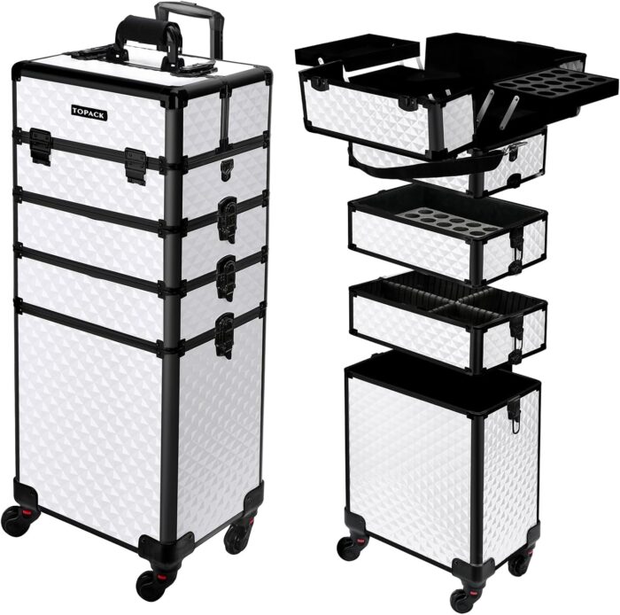 Topack professional 5 in 1 rolling makeup train case large makeup travel case with key shoulder straphandle cushion，makeup train case organizer，cosmetology case on wheels i white.jpg