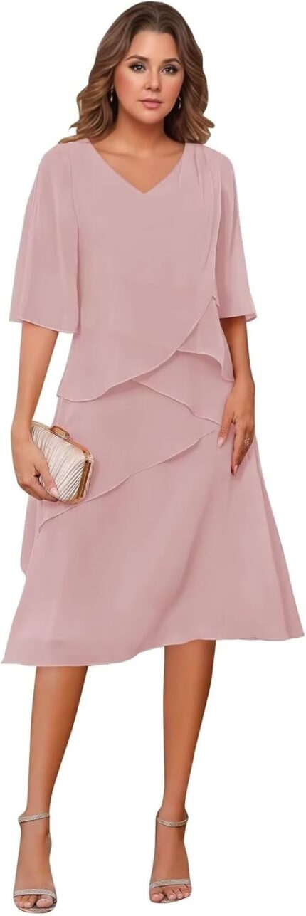 Tea length mother of the bride dresses for women ruffle chiffon prom gown short sleeves evening party gown wedding.jpg