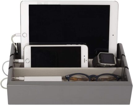 Tech tray luxury personal electronics organizer designer lacquered wood stand display stores charges multiple devices including tablets iphone ipad and smart watches royal grey.jpg