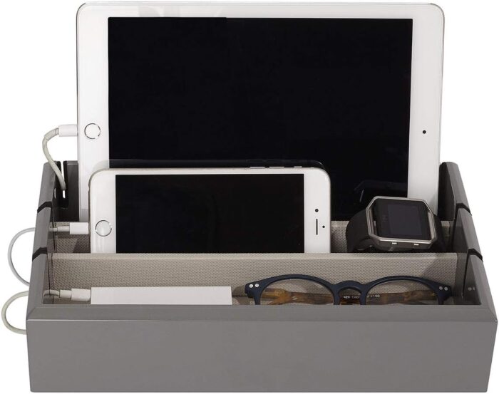 Tech tray luxury personal electronics organizer designer lacquered wood stand display stores charges multiple devices including tablets iphone ipad and smart watches royal grey.jpg