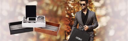 Tech tray luxury personal electronics organizer designer lacquered wood stand display stores and charges multiple devices including tablets phones smart watches mahogany wood.jpg