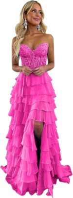 Tiered chiffon prom dresses for women lace appliques sweetheart formal evening dress with slit he5104.jpg