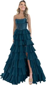 Tiered chiffon prom dresses with slit for women a line strapless prom dress backless lw015.jpg