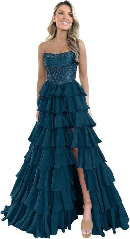 Tiered chiffon prom dresses with slit for women a line strapless prom dress backless lw015.jpg