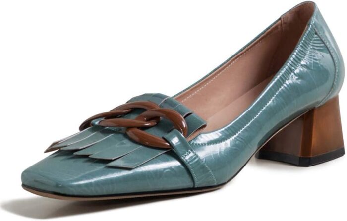 Tinacus womens genuine leather square handmade tassels chunky heel retro loafers shoes with chain.jpg