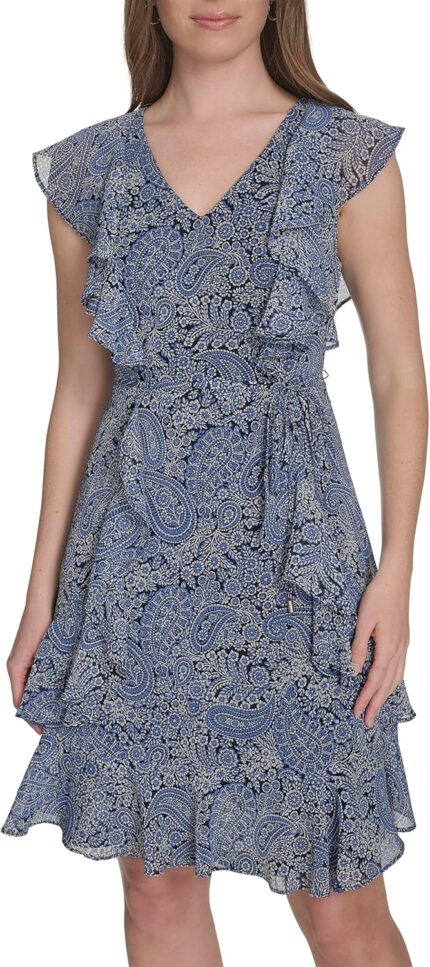 Tommy hilfiger womens fit and flare ruffle sleeve chiffon dress.jpg