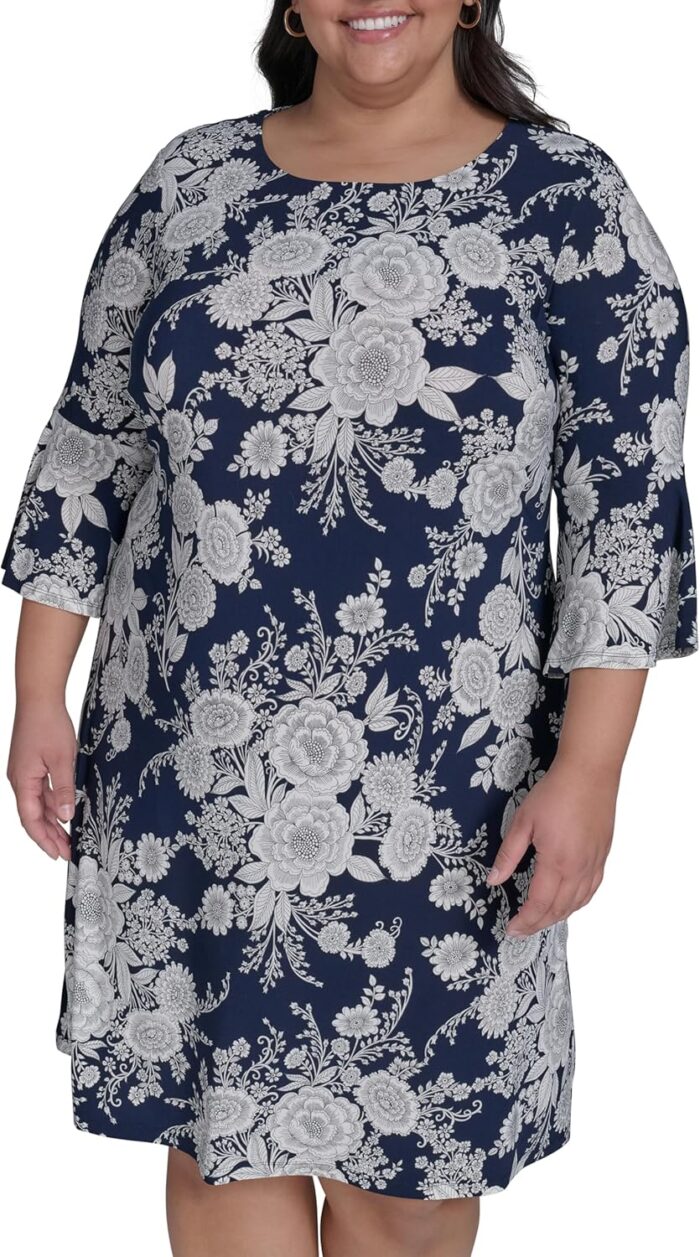 Tommy hilfiger womens round neck printed bell sleeve dress.jpg