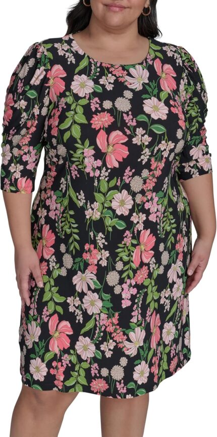 Tommy hilfiger womens short ruched sleeve boat neck shift mini dress.jpg