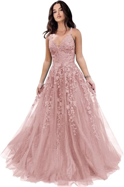 Tulle prom dresses for women 2025 sparkly lace appliques long ball gowns spaghetti straps a line evening gowns.jpg