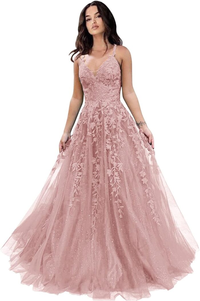 Tulle prom dresses for women 2025 sparkly lace appliques long ball gowns spaghetti straps a line evening gowns.jpg