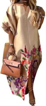 Uoozee womens puff sleeve floral print maxi dress 2025 summer v neck flowy swing casual long slit dress.jpg