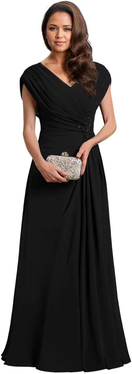 V neck mother of the bride dresses for women ruched chiffon prom gown beaded short sleeves evening party gown wedding.jpg