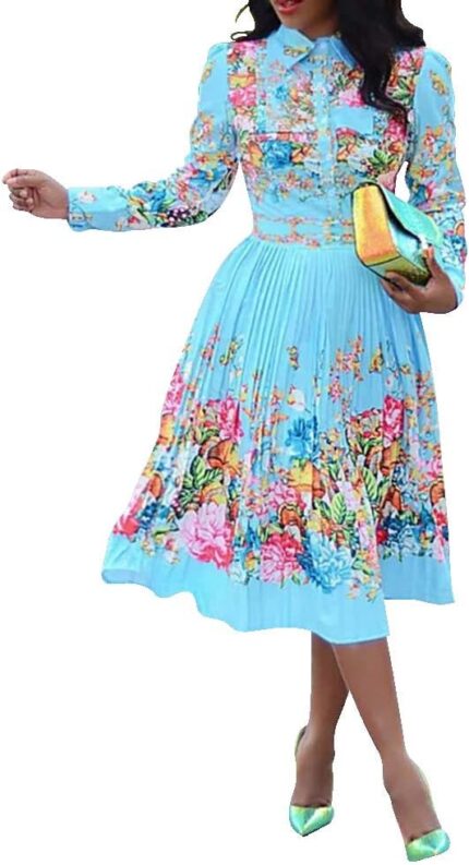 Verwin lapel three quarter sleeve knee length pleated floral womens sheath dress.jpg