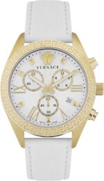 Versace greca chrono collection luxury womens watch timepieces with a white strap and dial featuring a gold case.jpg