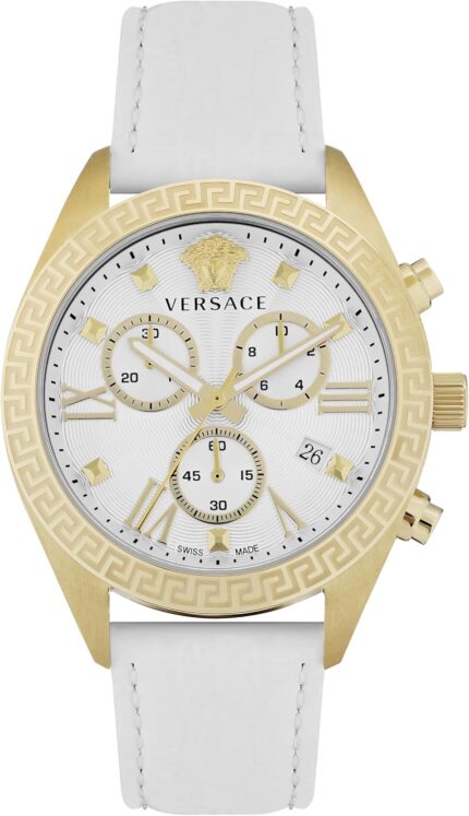 Versace greca chrono collection luxury womens watch timepieces with a white strap and dial featuring a gold case.jpg