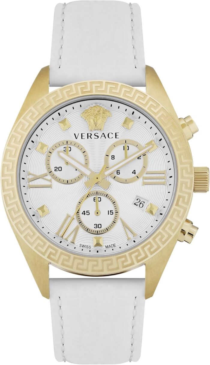 Versace greca chrono collection luxury womens watch timepieces with a white strap and dial featuring a gold case.jpg