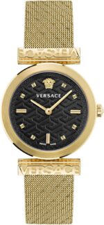 Versace regalia collection luxury womens watch timepieces with a gold bracelet featuring a ip yellow gold case and a black dial.jpg