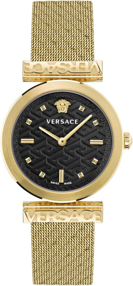 Versace regalia collection luxury womens watch timepieces with a gold bracelet featuring a ip yellow gold case and a black dial.jpg