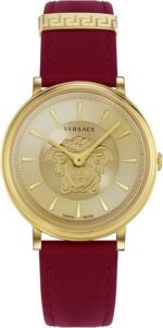 Versace v circle medusa collection luxury womens watch timepieces with a burgundy strap featuring a gold case and dial.jpg