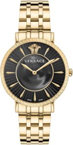 Versace v eternal collection luxury womens watch timepieces with a gold bracelet and case featuring a black dial.jpg