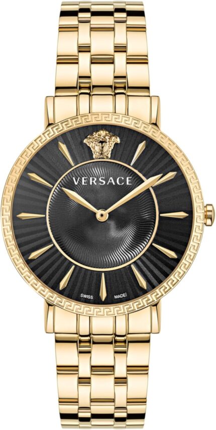 Versace v eternal collection luxury womens watch timepieces with a gold bracelet and case featuring a black dial.jpg
