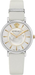 Versace v eternal collection luxury womens watch timepieces with a white strap featuring a stainless steel case and a silver dial.jpg