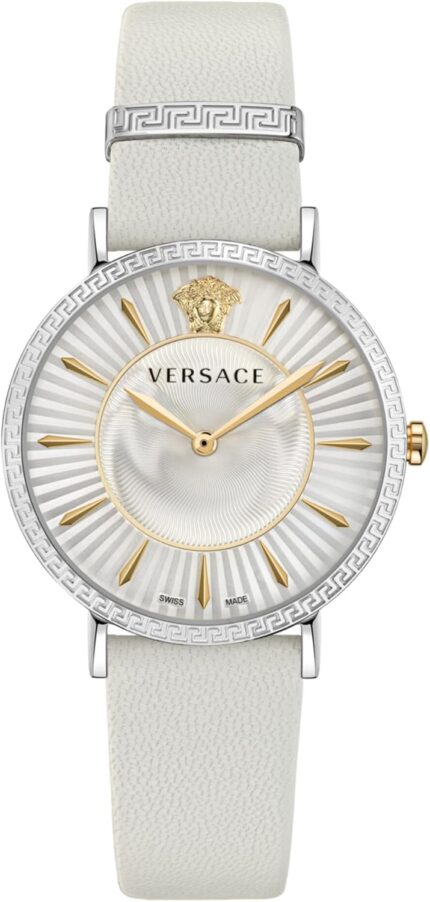 Versace v eternal collection luxury womens watch timepieces with a white strap featuring a stainless steel case and a silver dial.jpg