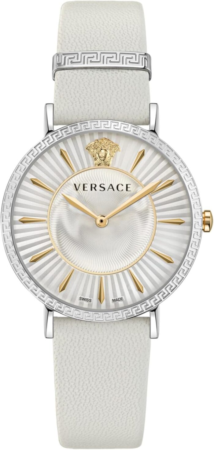 Versace v eternal collection luxury womens watch timepieces with a white strap featuring a stainless steel case and a silver dial.jpg